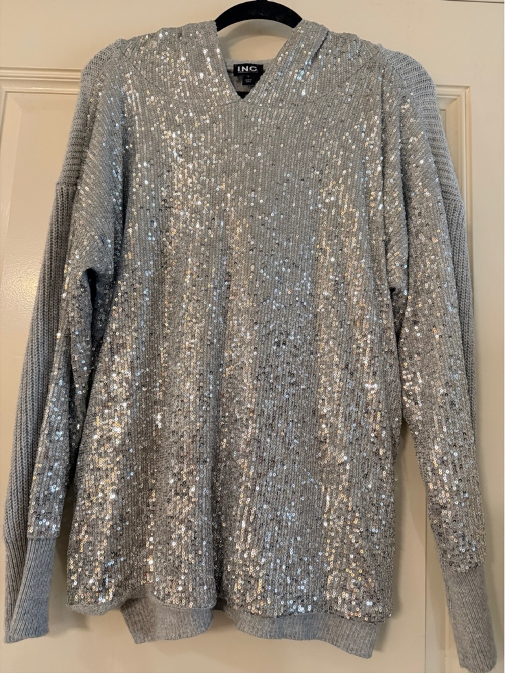 INC International Concepts Silver Sequin V-Neck Pullover - Picture 6 of 7